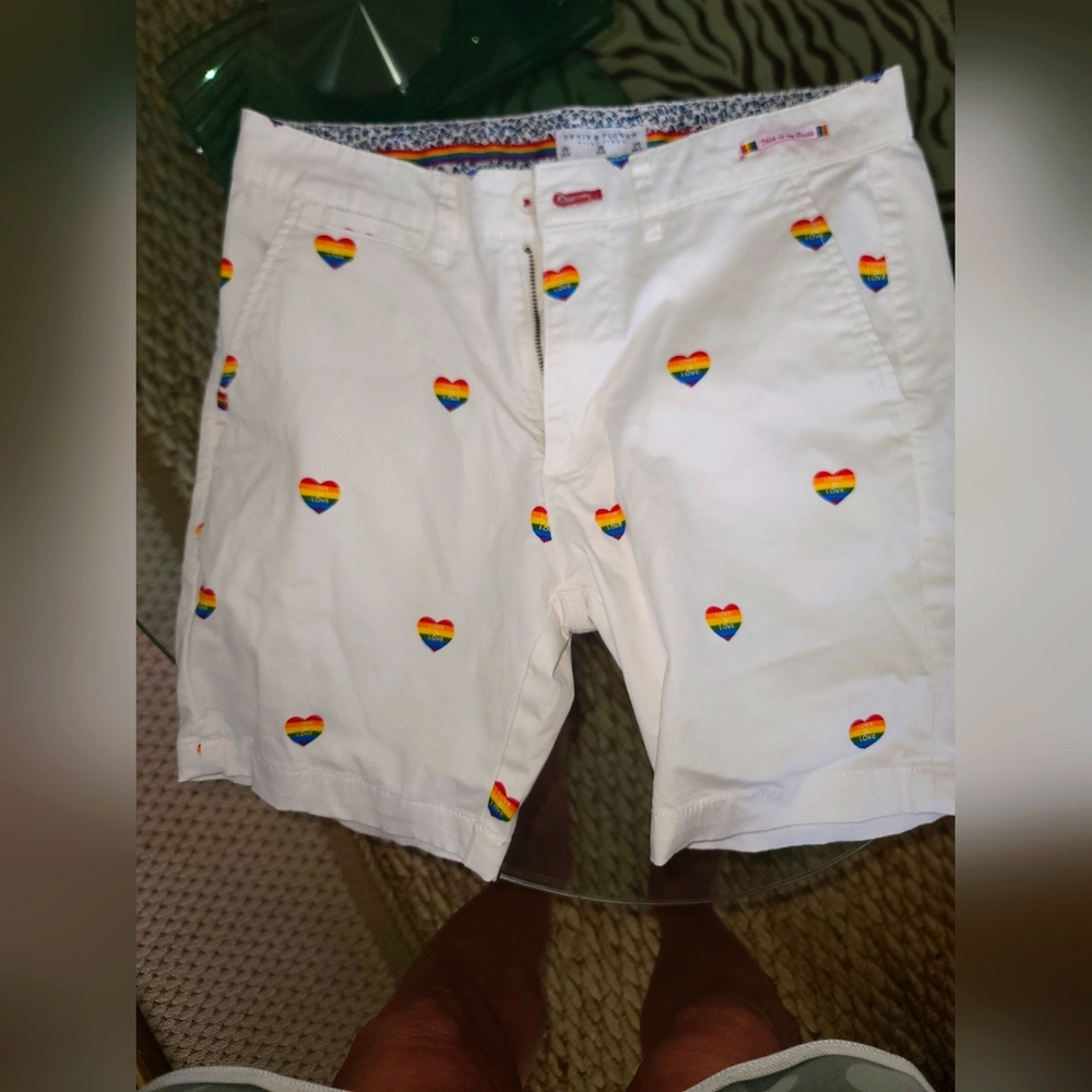 Gay Pride Love Is Love White Shorts with Rainbow Heart Accents